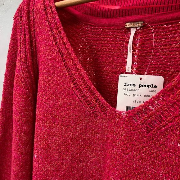 Free People Hot Pink Riptide V-Neck Knit Sweater NWT - Picture 4 of 13